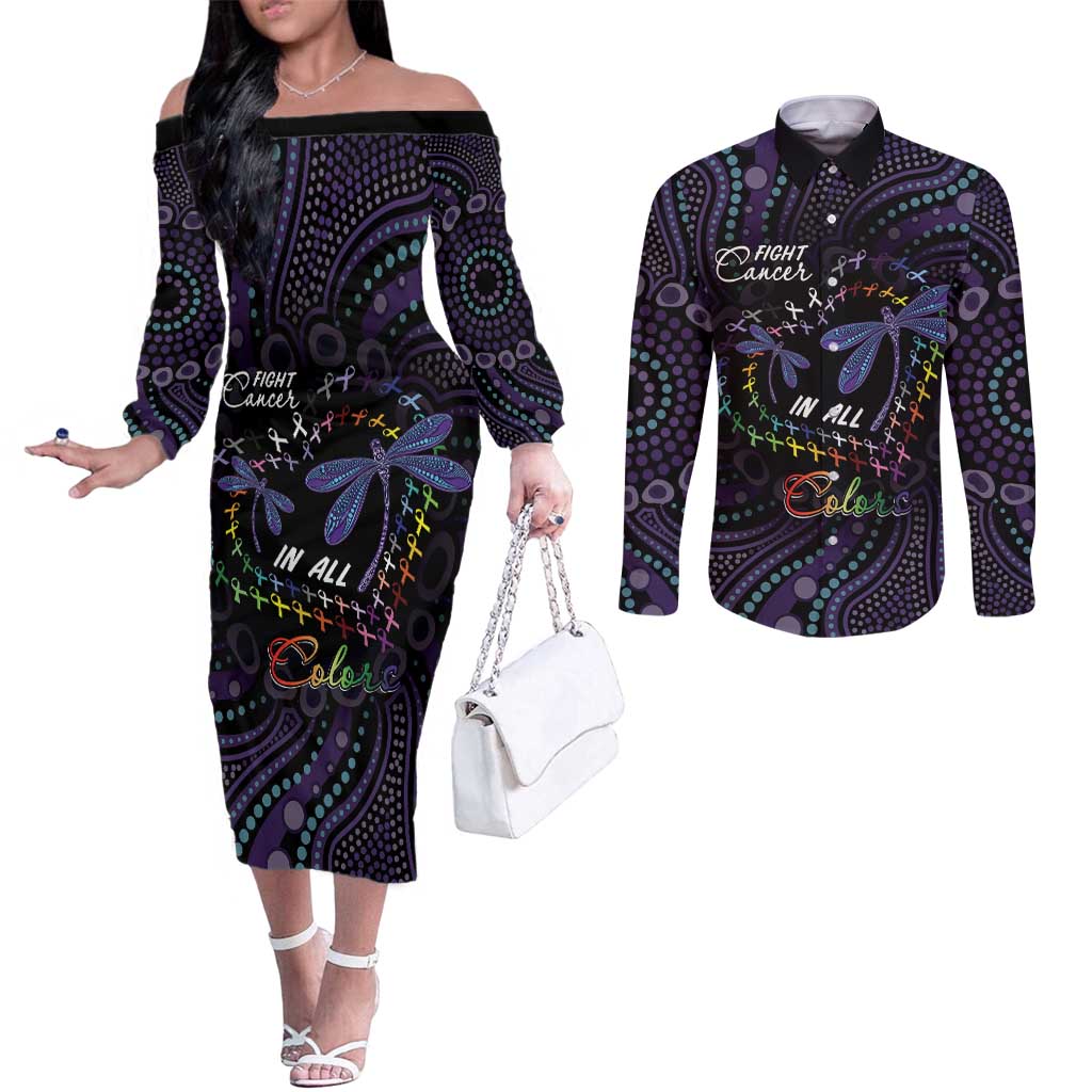 Fight Cancer In All Colors Australia Indigenous Couples Matching Off The Shoulder Long Sleeve Dress and Long Sleeve Button Shirt Dragonflies Aboriginal Art