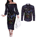 Fight Cancer In All Colors Australia Indigenous Couples Matching Off The Shoulder Long Sleeve Dress and Long Sleeve Button Shirt Dragonflies Aboriginal Art