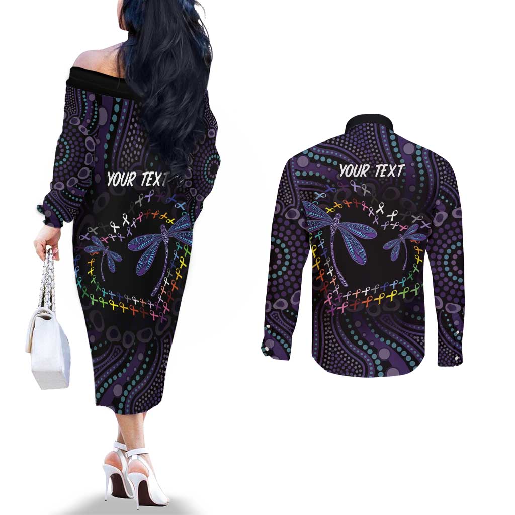 Fight Cancer In All Colors Australia Indigenous Couples Matching Off The Shoulder Long Sleeve Dress and Long Sleeve Button Shirt Dragonflies Aboriginal Art