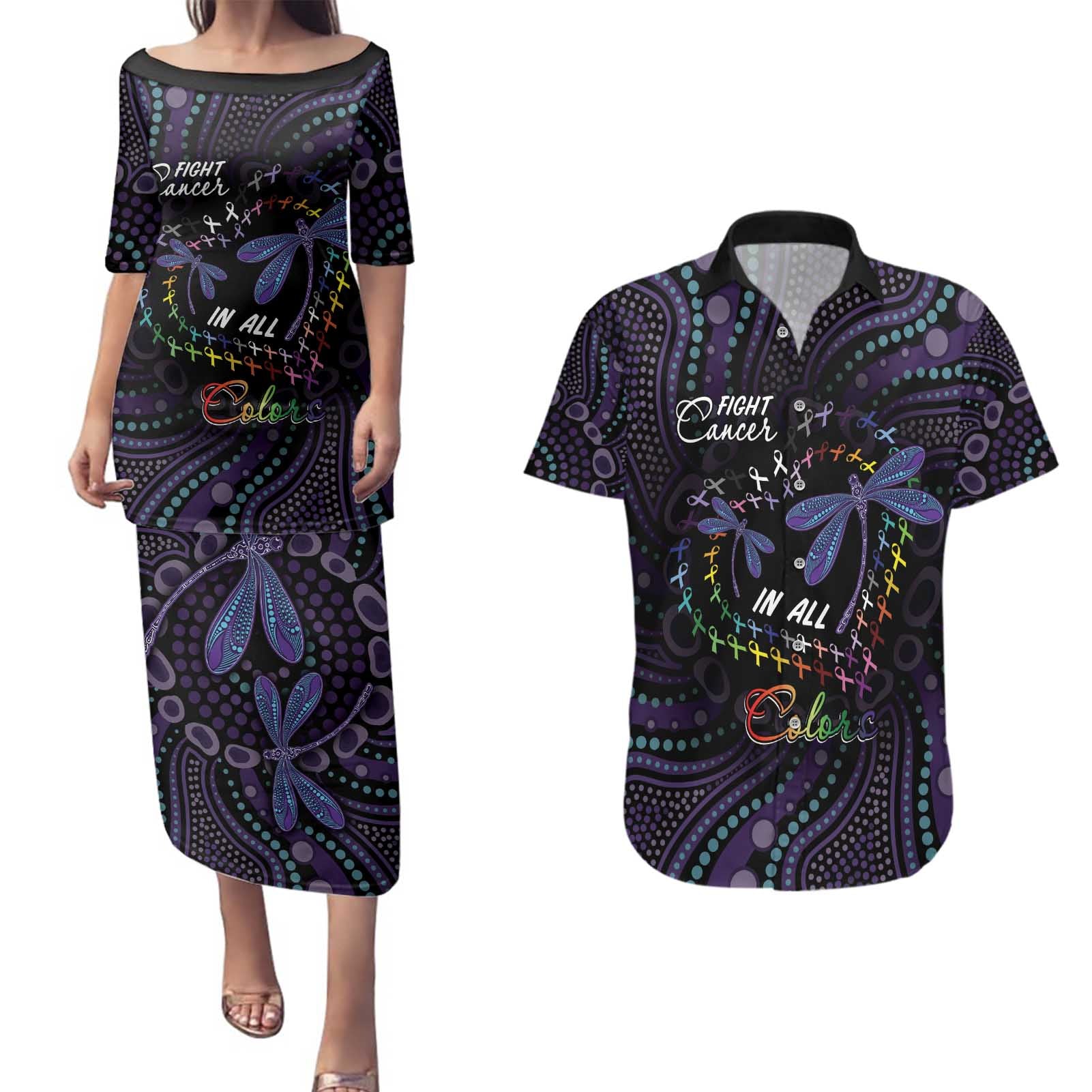 Fight Cancer In All Colors Australia Indigenous Couples Matching Puletasi and Hawaiian Shirt Dragonflies Aboriginal Art