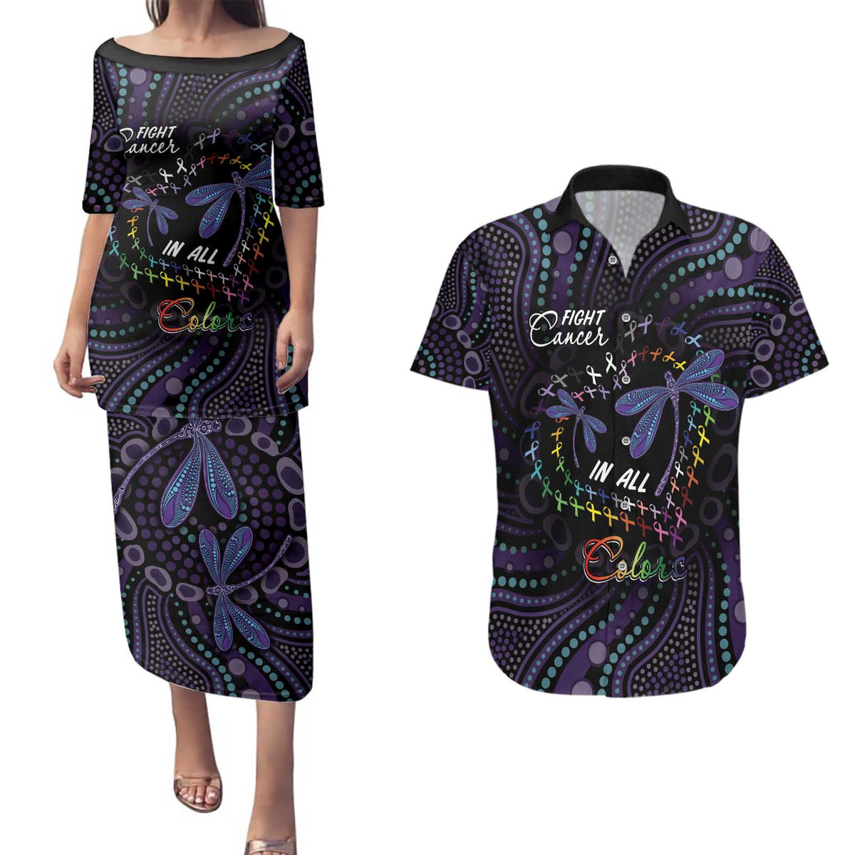 Fight Cancer In All Colors Australia Indigenous Couples Matching Puletasi and Hawaiian Shirt Dragonflies Aboriginal Art