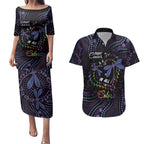Fight Cancer In All Colors Australia Indigenous Couples Matching Puletasi and Hawaiian Shirt Dragonflies Aboriginal Art