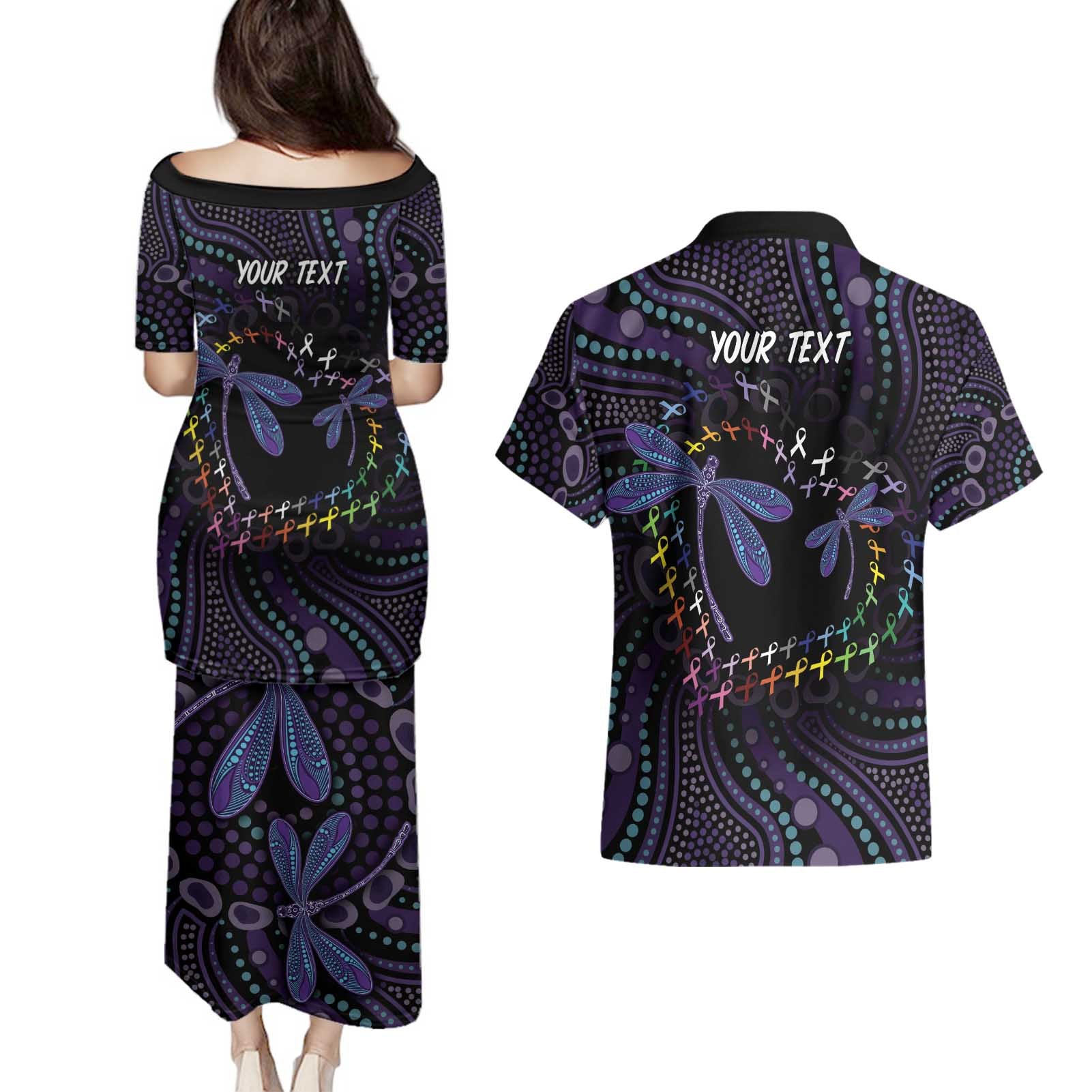 Fight Cancer In All Colors Australia Indigenous Couples Matching Puletasi and Hawaiian Shirt Dragonflies Aboriginal Art