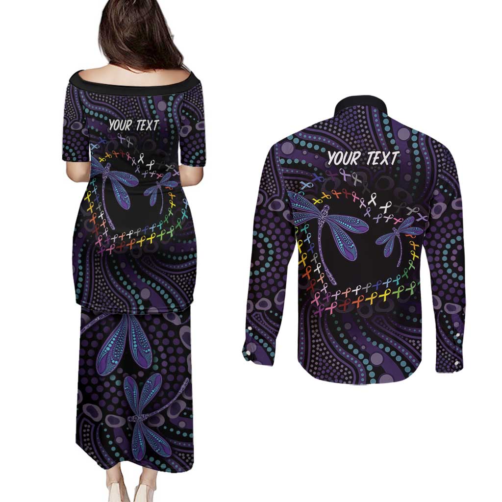 Fight Cancer In All Colors Australia Indigenous Couples Matching Puletasi and Long Sleeve Button Shirt Dragonflies Aboriginal Art