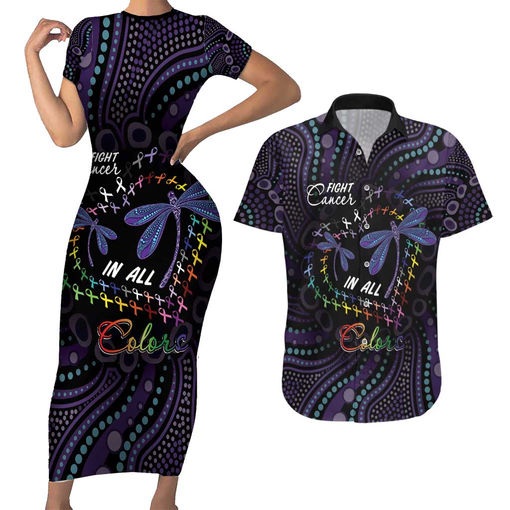 Fight Cancer In All Colors Australia Indigenous Couples Matching Short Sleeve Bodycon Dress and Hawaiian Shirt Dragonflies Aboriginal Art