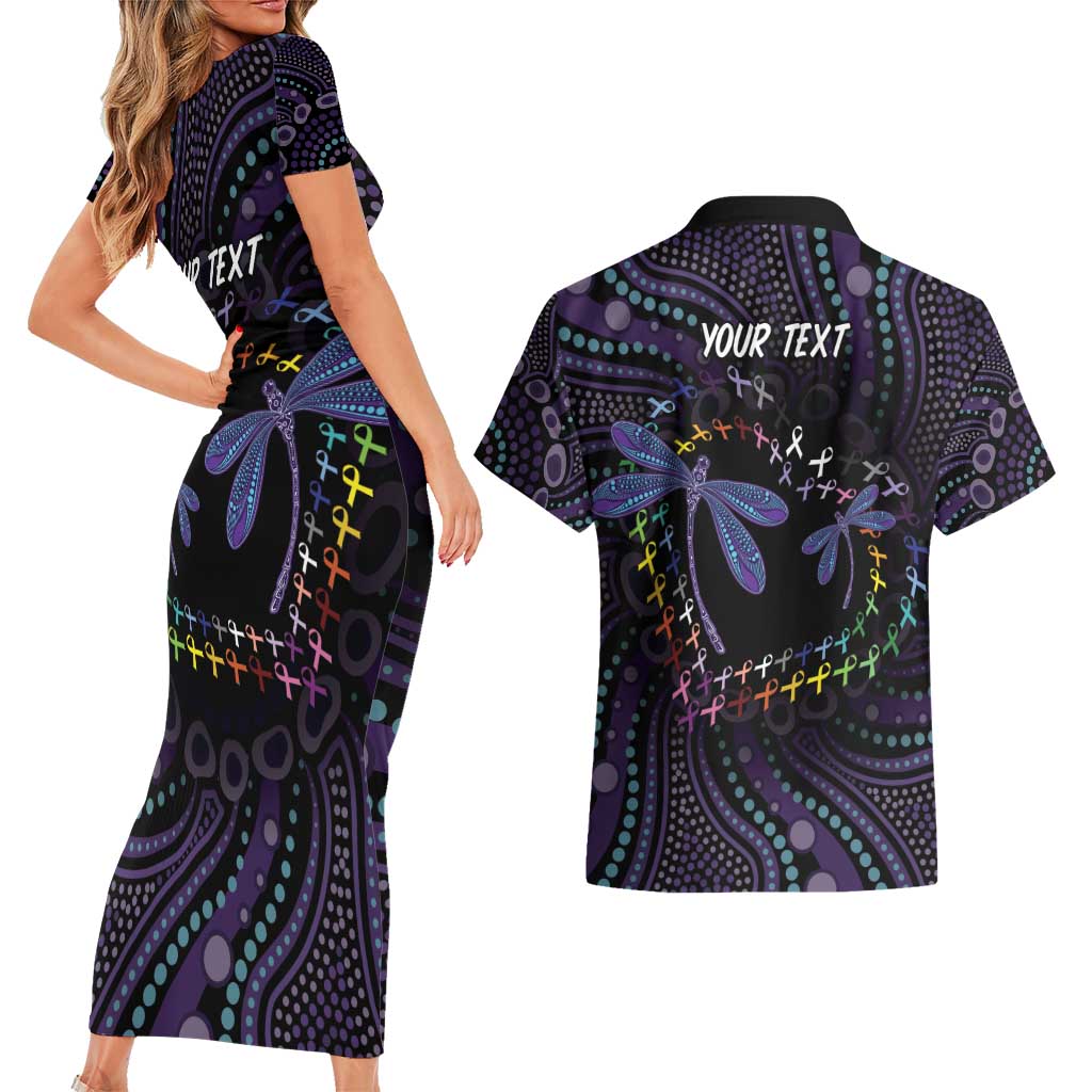 Fight Cancer In All Colors Australia Indigenous Couples Matching Short Sleeve Bodycon Dress and Hawaiian Shirt Dragonflies Aboriginal Art