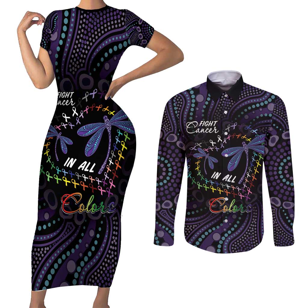 Fight Cancer In All Colors Australia Indigenous Couples Matching Short Sleeve Bodycon Dress and Long Sleeve Button Shirt Dragonflies Aboriginal Art