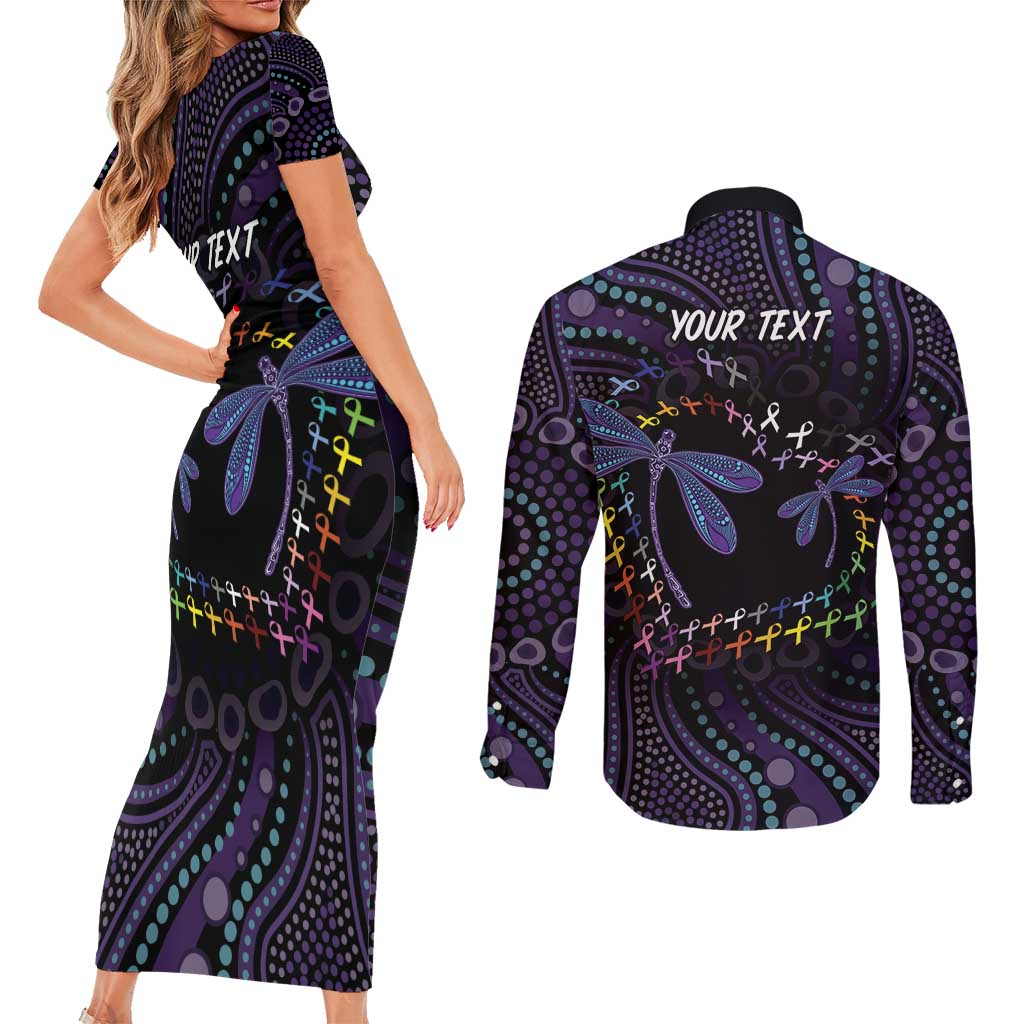 Fight Cancer In All Colors Australia Indigenous Couples Matching Short Sleeve Bodycon Dress and Long Sleeve Button Shirt Dragonflies Aboriginal Art