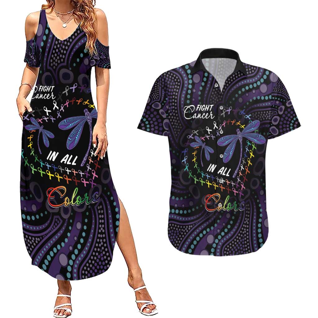 Fight Cancer In All Colors Australia Indigenous Couples Matching Summer Maxi Dress and Hawaiian Shirt Dragonflies Aboriginal Art
