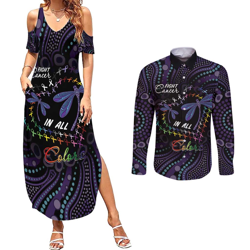 Fight Cancer In All Colors Australia Indigenous Couples Matching Summer Maxi Dress and Long Sleeve Button Shirt Dragonflies Aboriginal Art