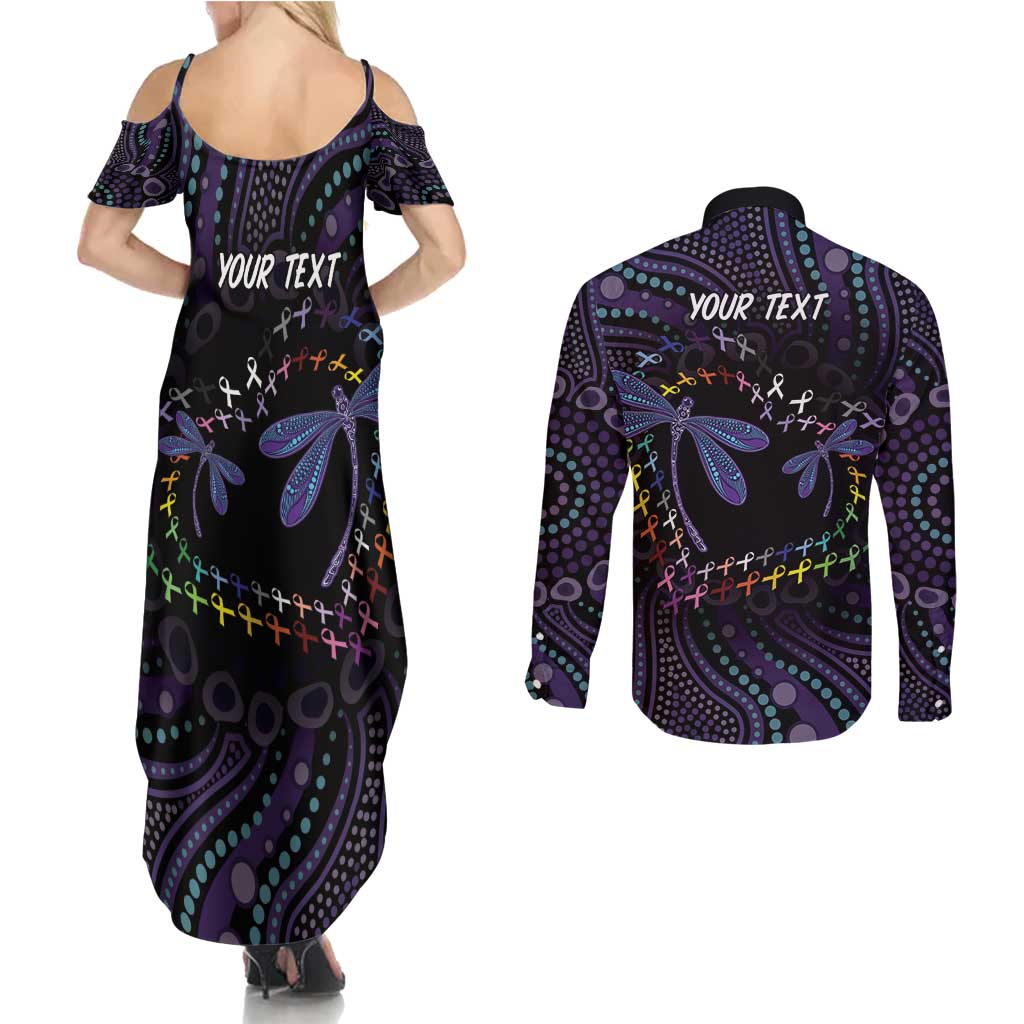 Fight Cancer In All Colors Australia Indigenous Couples Matching Summer Maxi Dress and Long Sleeve Button Shirt Dragonflies Aboriginal Art