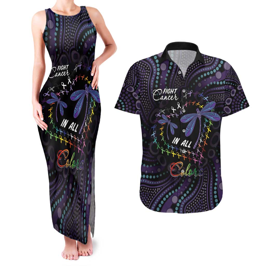 Fight Cancer In All Colors Australia Indigenous Couples Matching Tank Maxi Dress and Hawaiian Shirt Dragonflies Aboriginal Art