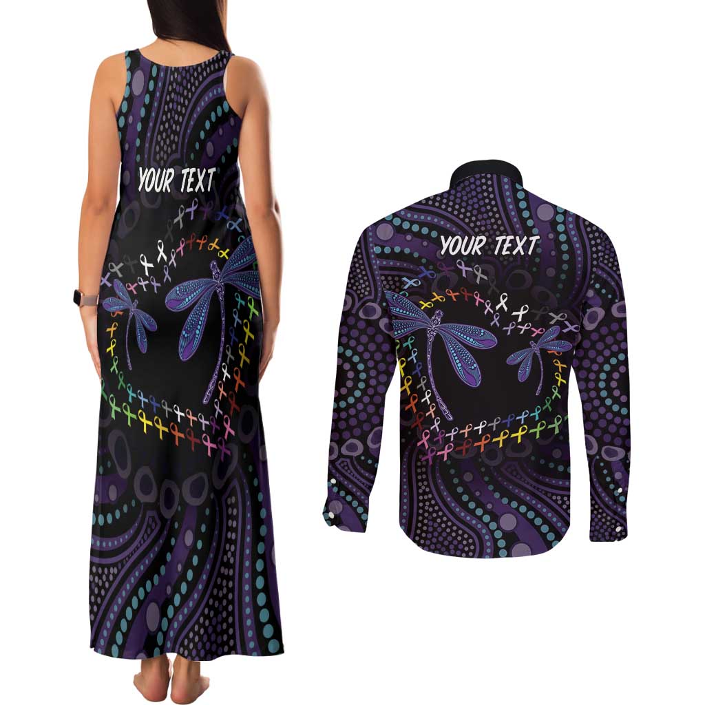 Fight Cancer In All Colors Australia Indigenous Couples Matching Tank Maxi Dress and Long Sleeve Button Shirt Dragonflies Aboriginal Art