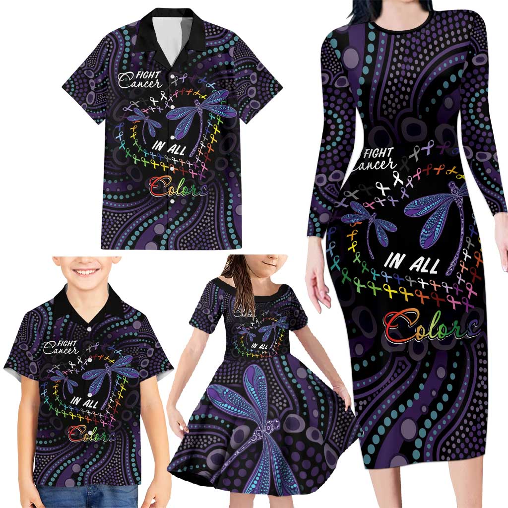 Fight Cancer In All Colors Australia Indigenous Family Matching Long Sleeve Bodycon Dress and Hawaiian Shirt Dragonflies Aboriginal Art