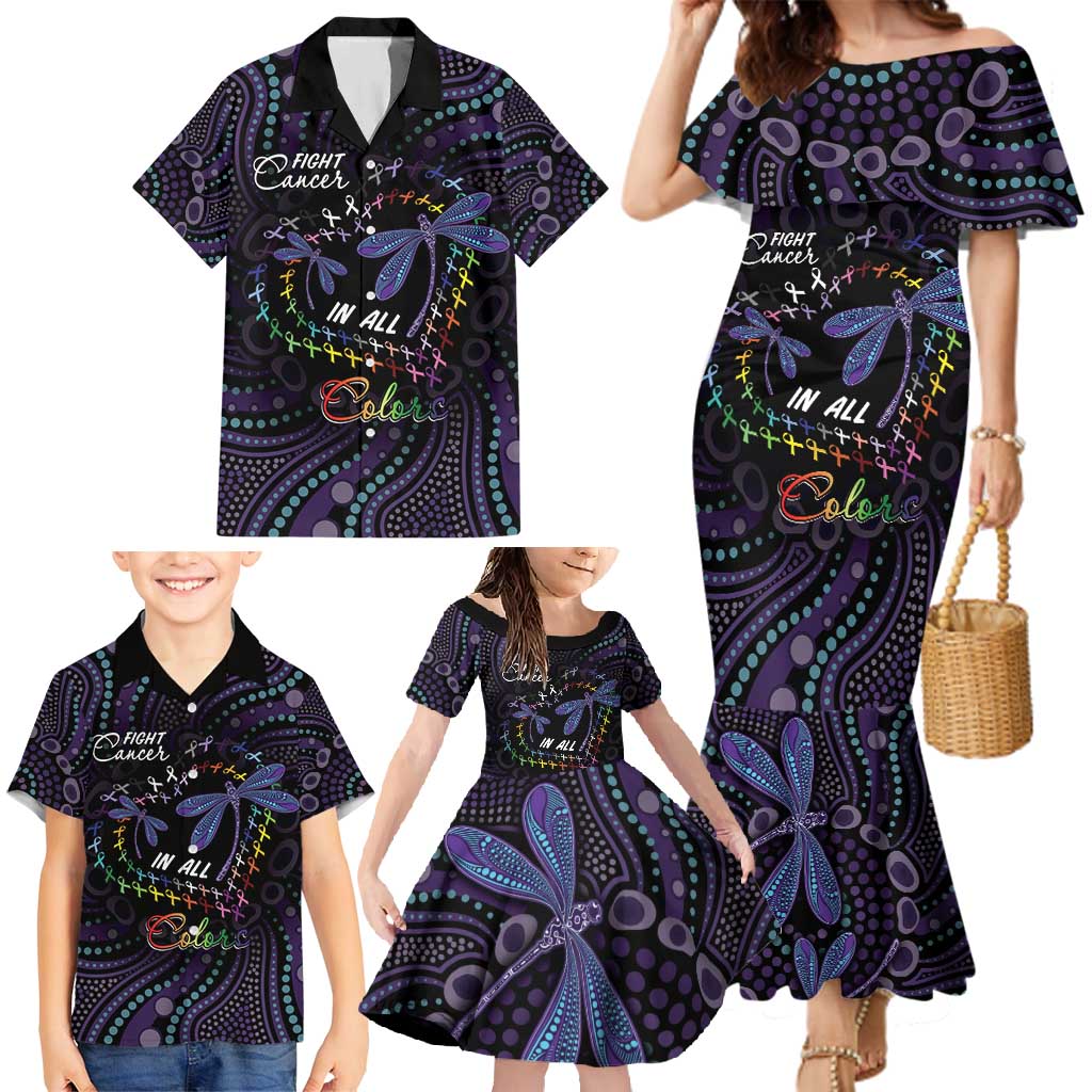 Fight Cancer In All Colors Australia Indigenous Family Matching Mermaid Dress and Hawaiian Shirt Dragonflies Aboriginal Art