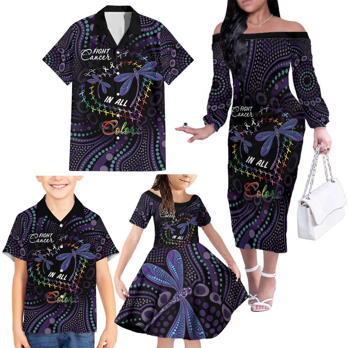 Fight Cancer In All Colors Australia Indigenous Family Matching Off The Shoulder Long Sleeve Dress and Hawaiian Shirt Dragonflies Aboriginal Art
