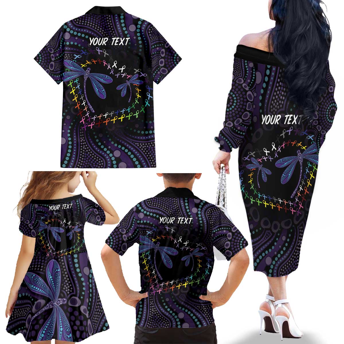 Fight Cancer In All Colors Australia Indigenous Family Matching Off The Shoulder Long Sleeve Dress and Hawaiian Shirt Dragonflies Aboriginal Art