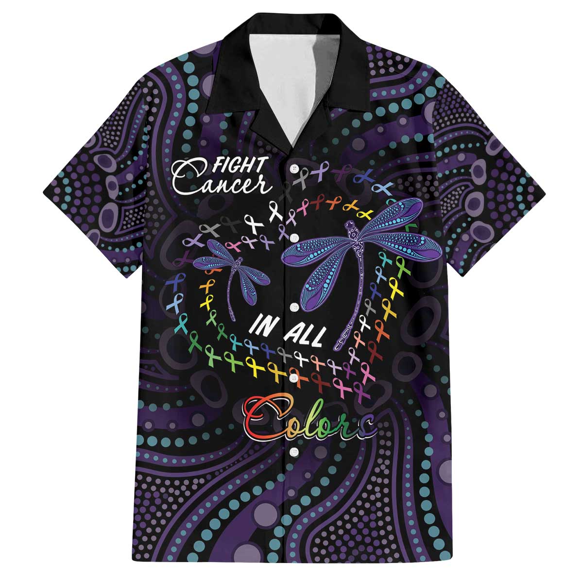 Fight Cancer In All Colors Australia Indigenous Family Matching Off The Shoulder Long Sleeve Dress and Hawaiian Shirt Dragonflies Aboriginal Art