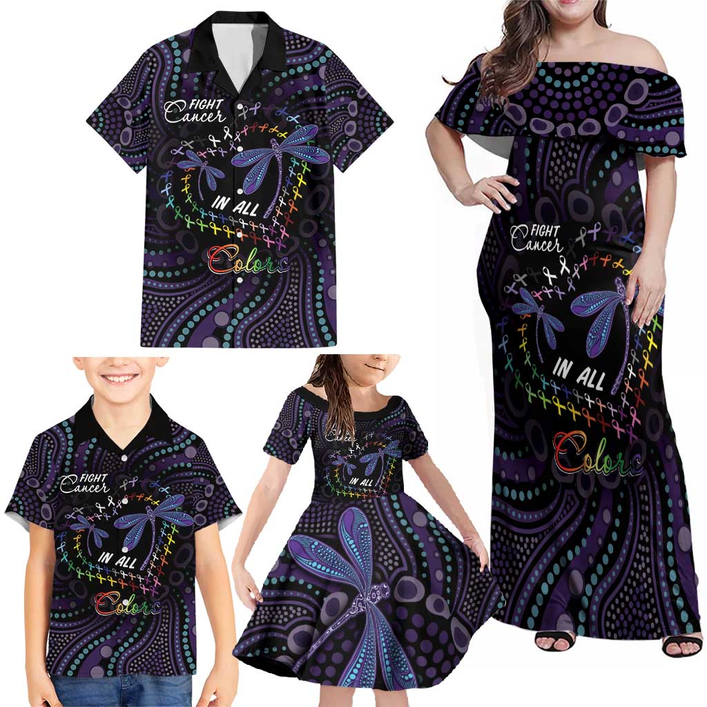 Fight Cancer In All Colors Australia Indigenous Family Matching Off Shoulder Maxi Dress and Hawaiian Shirt Dragonflies Aboriginal Art