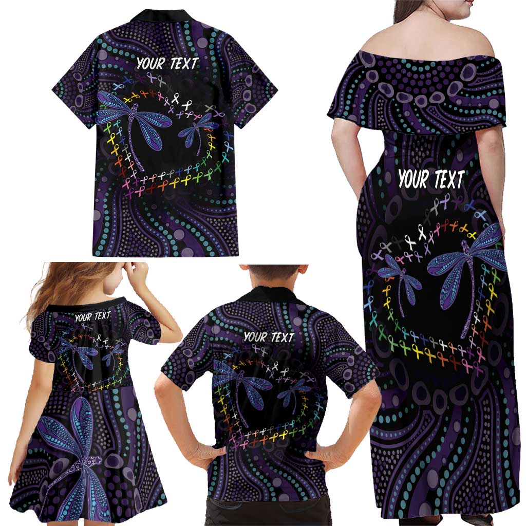 Fight Cancer In All Colors Australia Indigenous Family Matching Off Shoulder Maxi Dress and Hawaiian Shirt Dragonflies Aboriginal Art