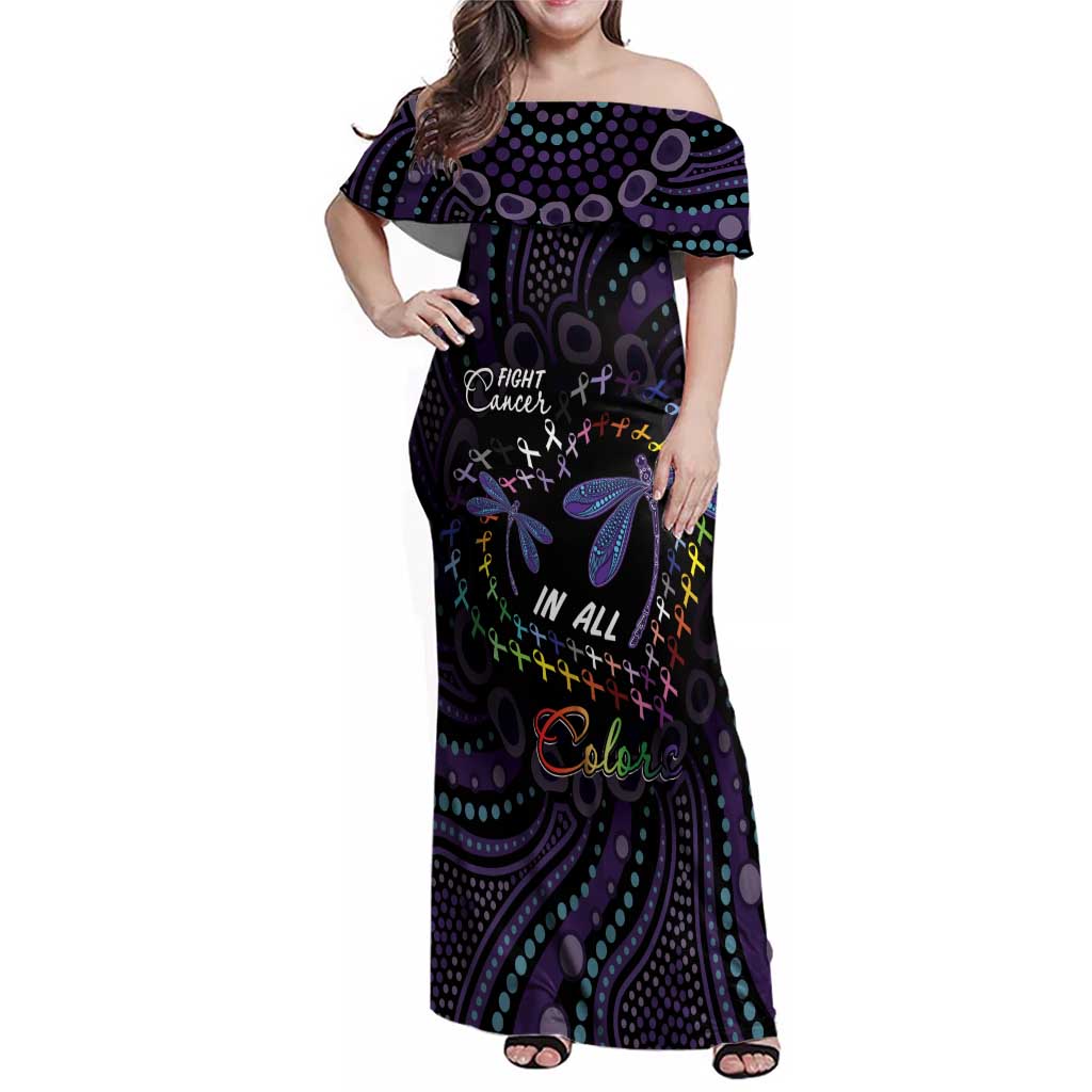 Fight Cancer In All Colors Australia Indigenous Family Matching Off Shoulder Maxi Dress and Hawaiian Shirt Dragonflies Aboriginal Art