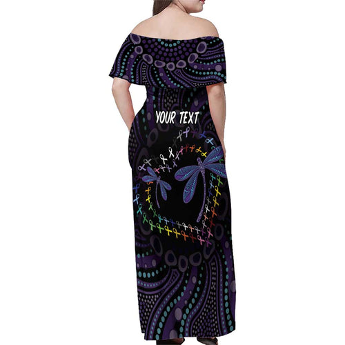 Fight Cancer In All Colors Australia Indigenous Family Matching Off Shoulder Maxi Dress and Hawaiian Shirt Dragonflies Aboriginal Art
