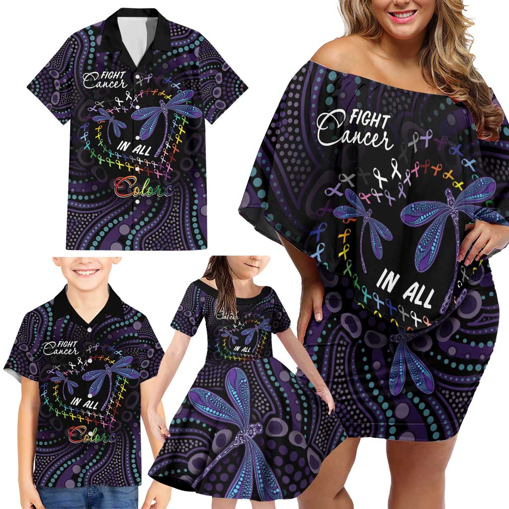 Fight Cancer In All Colors Australia Indigenous Family Matching Off Shoulder Short Dress and Hawaiian Shirt Dragonflies Aboriginal Art