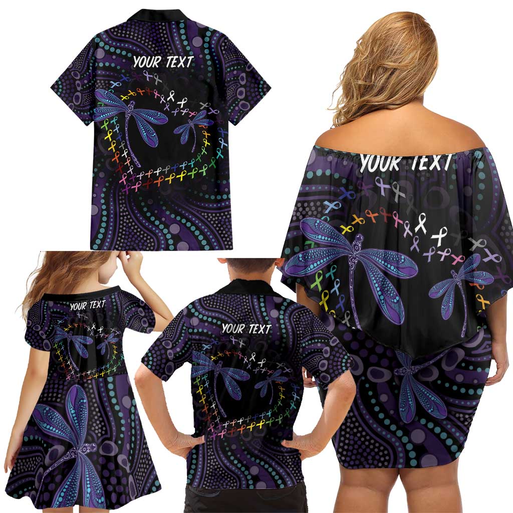 Fight Cancer In All Colors Australia Indigenous Family Matching Off Shoulder Short Dress and Hawaiian Shirt Dragonflies Aboriginal Art