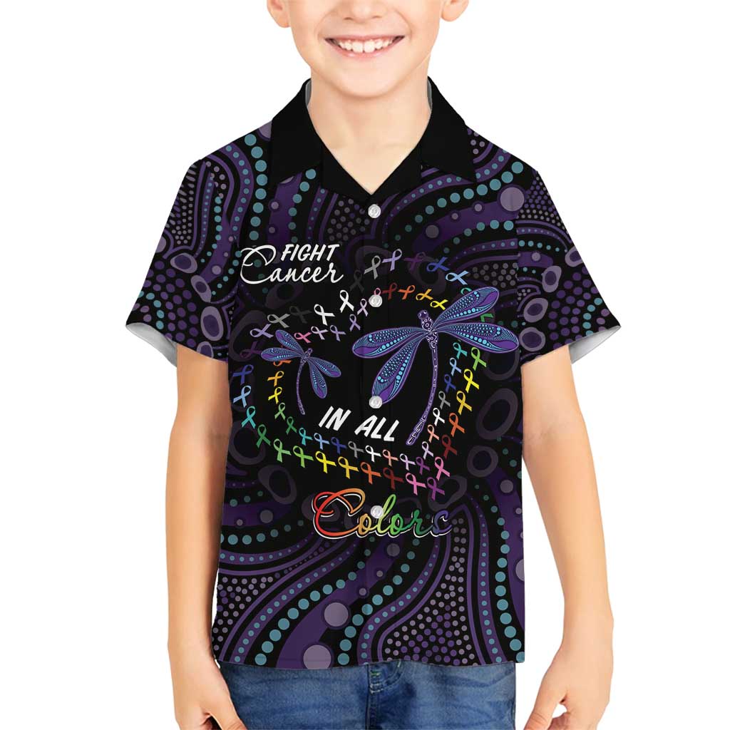Fight Cancer In All Colors Australia Indigenous Family Matching Off Shoulder Short Dress and Hawaiian Shirt Dragonflies Aboriginal Art