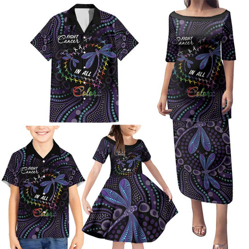 Fight Cancer In All Colors Australia Indigenous Family Matching Puletasi and Hawaiian Shirt Dragonflies Aboriginal Art