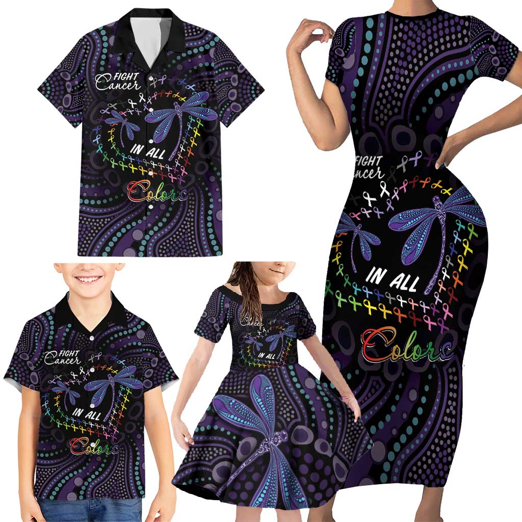 Fight Cancer In All Colors Australia Indigenous Family Matching Short Sleeve Bodycon Dress and Hawaiian Shirt Dragonflies Aboriginal Art