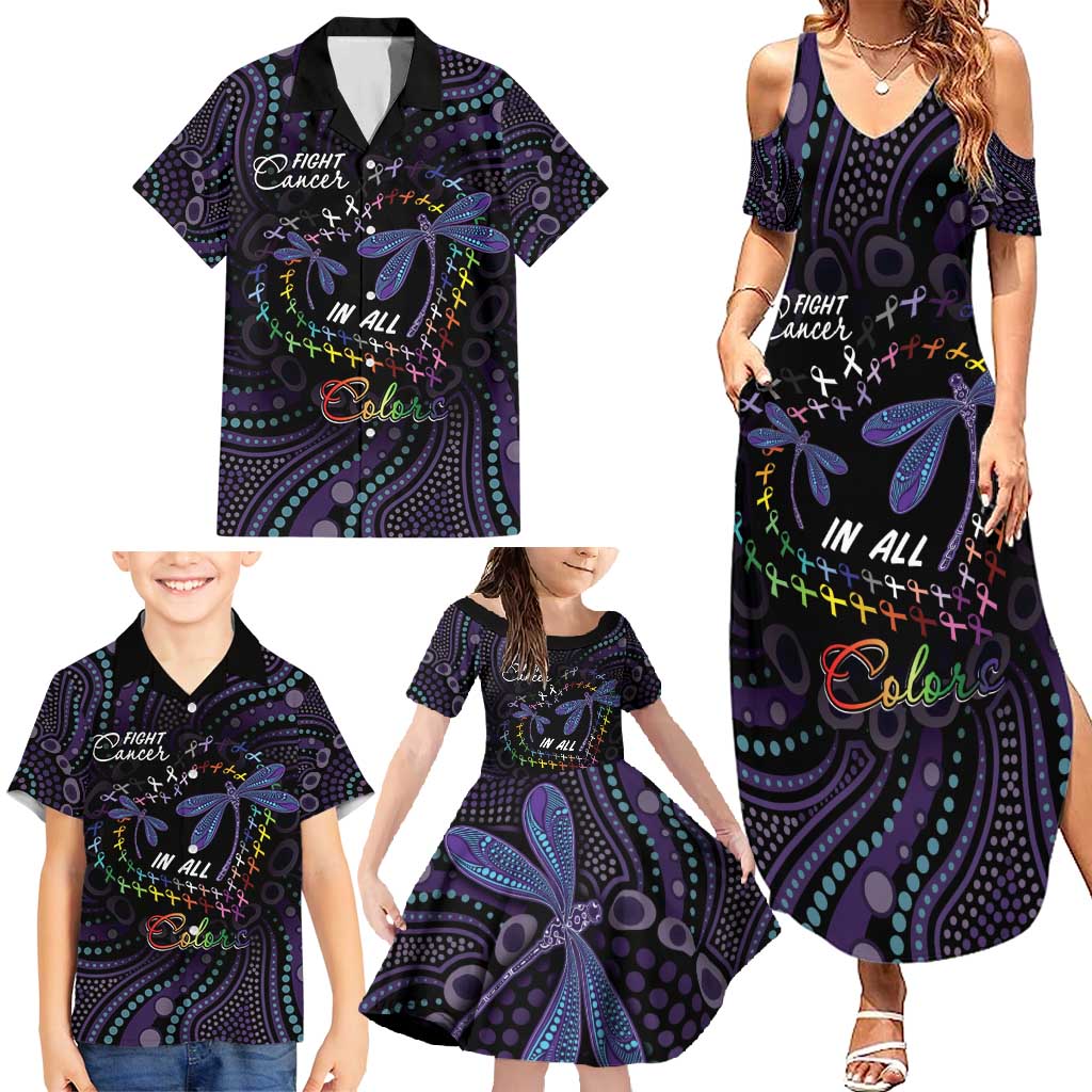 Fight Cancer In All Colors Australia Indigenous Family Matching Summer Maxi Dress and Hawaiian Shirt Dragonflies Aboriginal Art