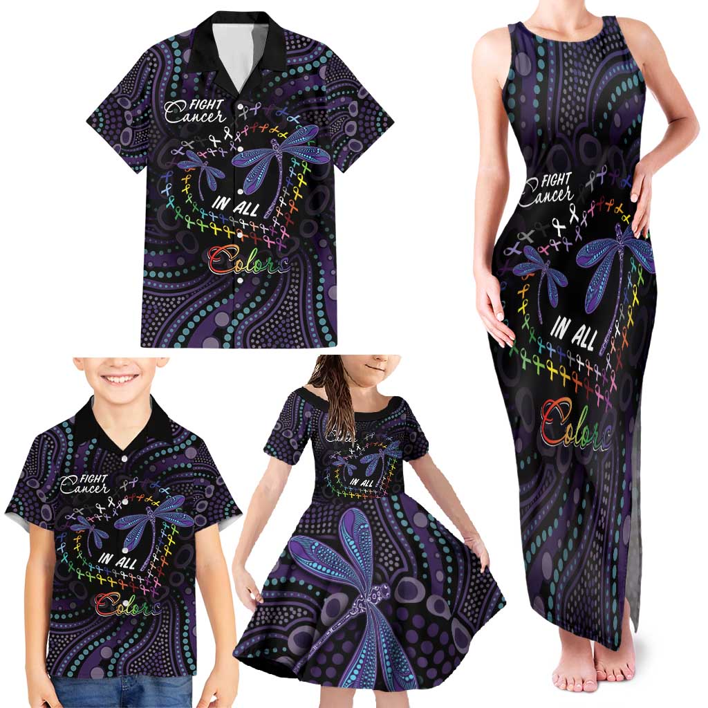 Fight Cancer In All Colors Australia Indigenous Family Matching Tank Maxi Dress and Hawaiian Shirt Dragonflies Aboriginal Art