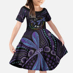 Fight Cancer In All Colors Australia Indigenous Kid Short Sleeve Dress Dragonflies Aboriginal Art