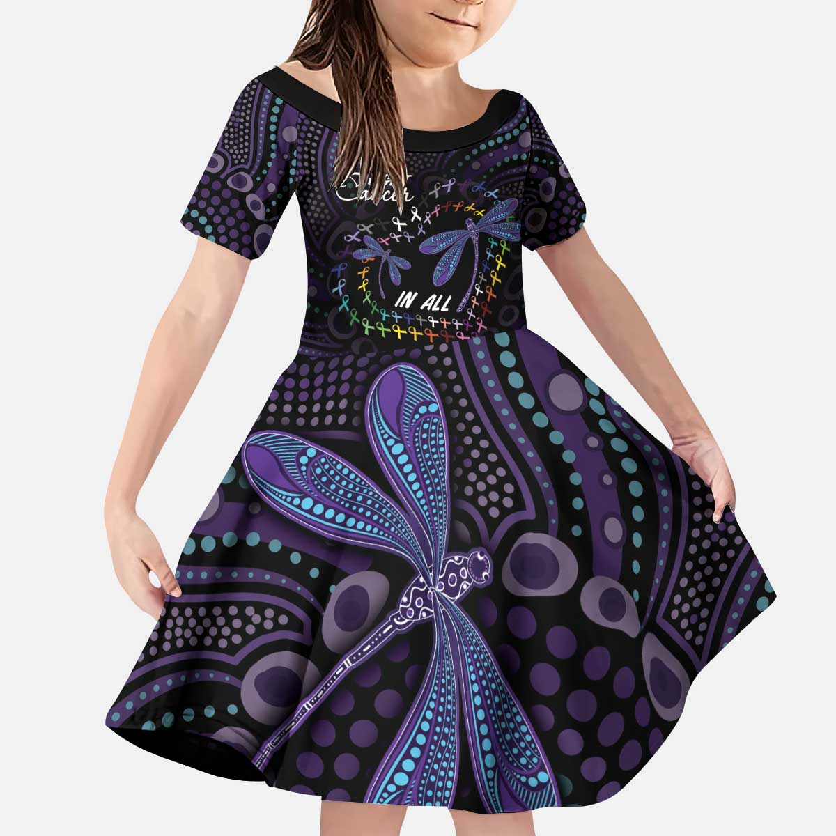 Fight Cancer In All Colors Australia Indigenous Kid Short Sleeve Dress Dragonflies Aboriginal Art