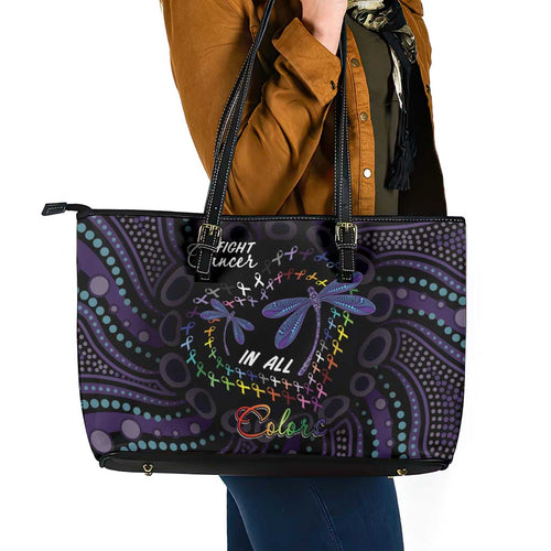 Fight Cancer In All Colors Australia Indigenous Leather Tote Bag Dragonflies Aboriginal Art