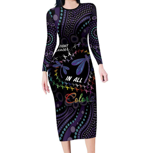 Fight Cancer In All Colors Australia Indigenous Long Sleeve Bodycon Dress Dragonflies Aboriginal Art