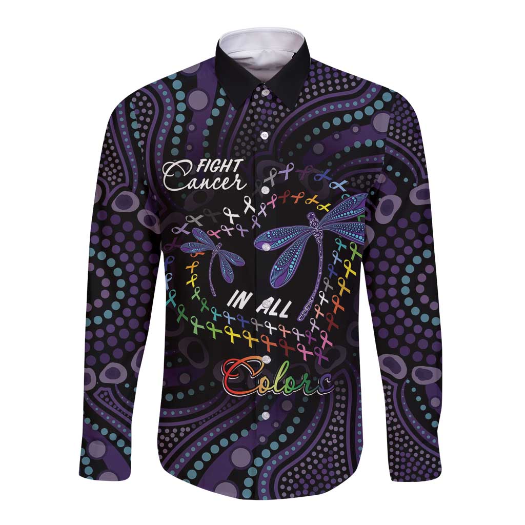 Fight Cancer In All Colors Australia Indigenous Long Sleeve Button Shirt Dragonflies Aboriginal Art