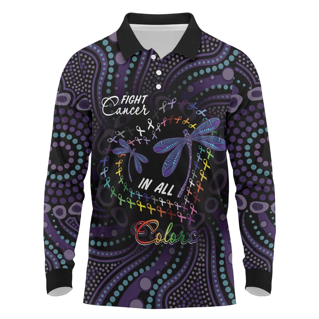 Fight Cancer In All Colors Australia Indigenous Long Sleeve Polo Shirt Dragonflies Aboriginal Art
