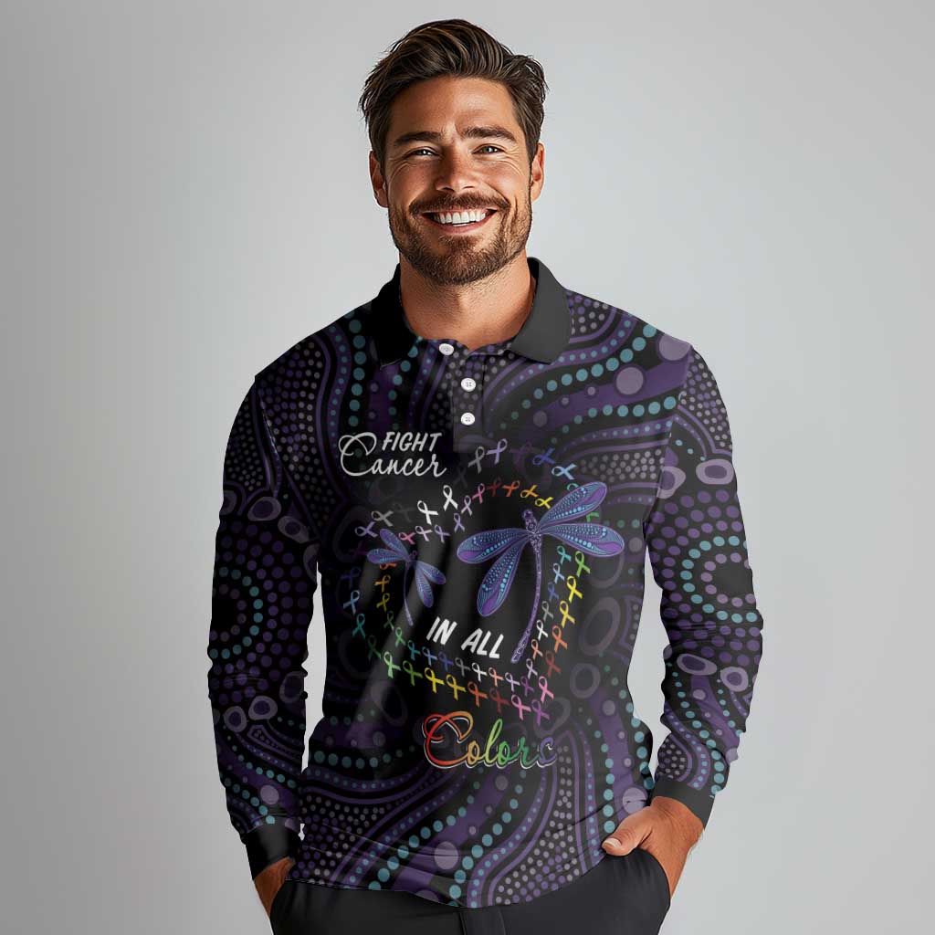 Fight Cancer In All Colors Australia Indigenous Long Sleeve Polo Shirt Dragonflies Aboriginal Art