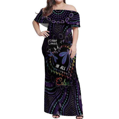 Fight Cancer In All Colors Australia Indigenous Off Shoulder Maxi Dress Dragonflies Aboriginal Art