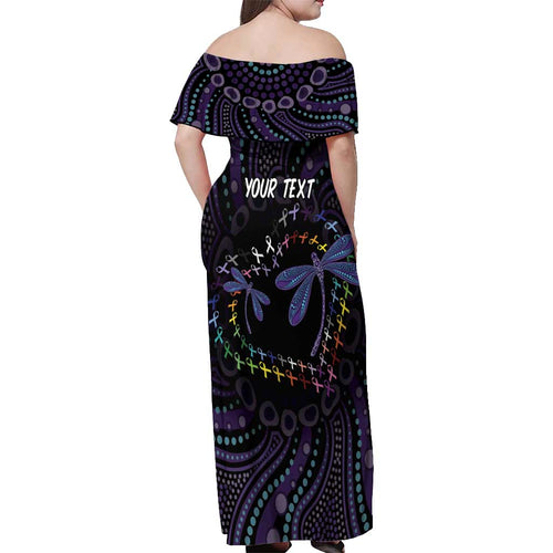 Fight Cancer In All Colors Australia Indigenous Off Shoulder Maxi Dress Dragonflies Aboriginal Art