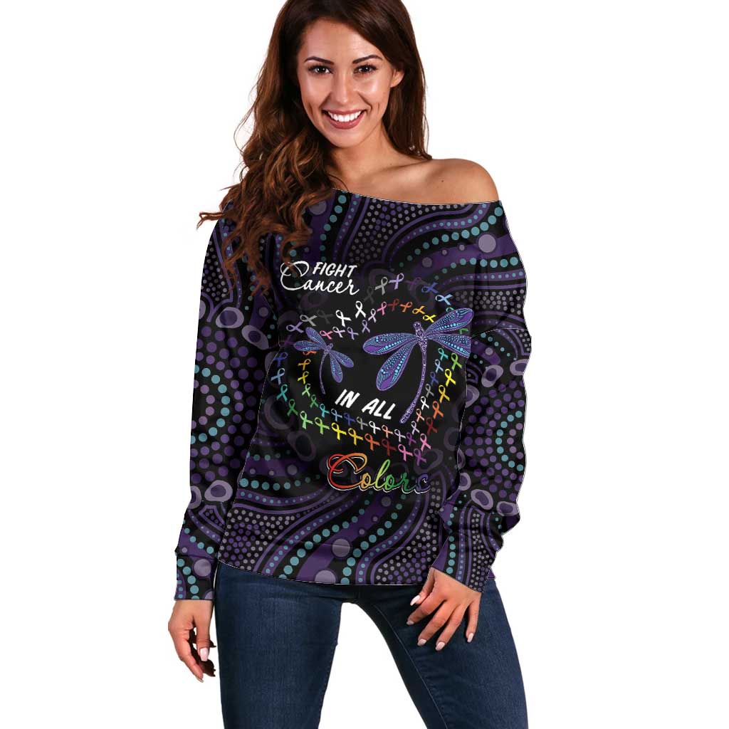 Fight Cancer In All Colors Australia Indigenous Off Shoulder Sweater Dragonflies Aboriginal Art