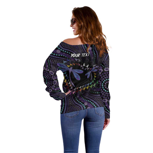 Fight Cancer In All Colors Australia Indigenous Off Shoulder Sweater Dragonflies Aboriginal Art
