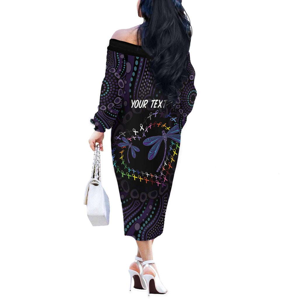 Fight Cancer In All Colors Australia Indigenous Off The Shoulder Long Sleeve Dress Dragonflies Aboriginal Art