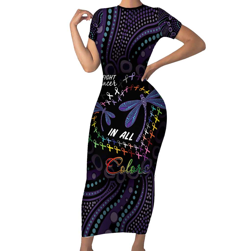 Fight Cancer In All Colors Australia Indigenous Short Sleeve Bodycon Dress Dragonflies Aboriginal Art