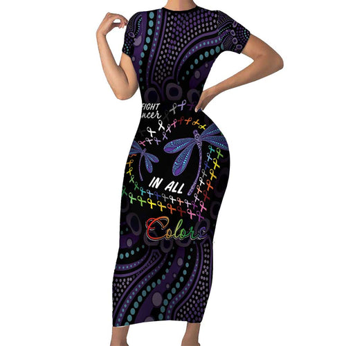 Fight Cancer In All Colors Australia Indigenous Short Sleeve Bodycon Dress Dragonflies Aboriginal Art