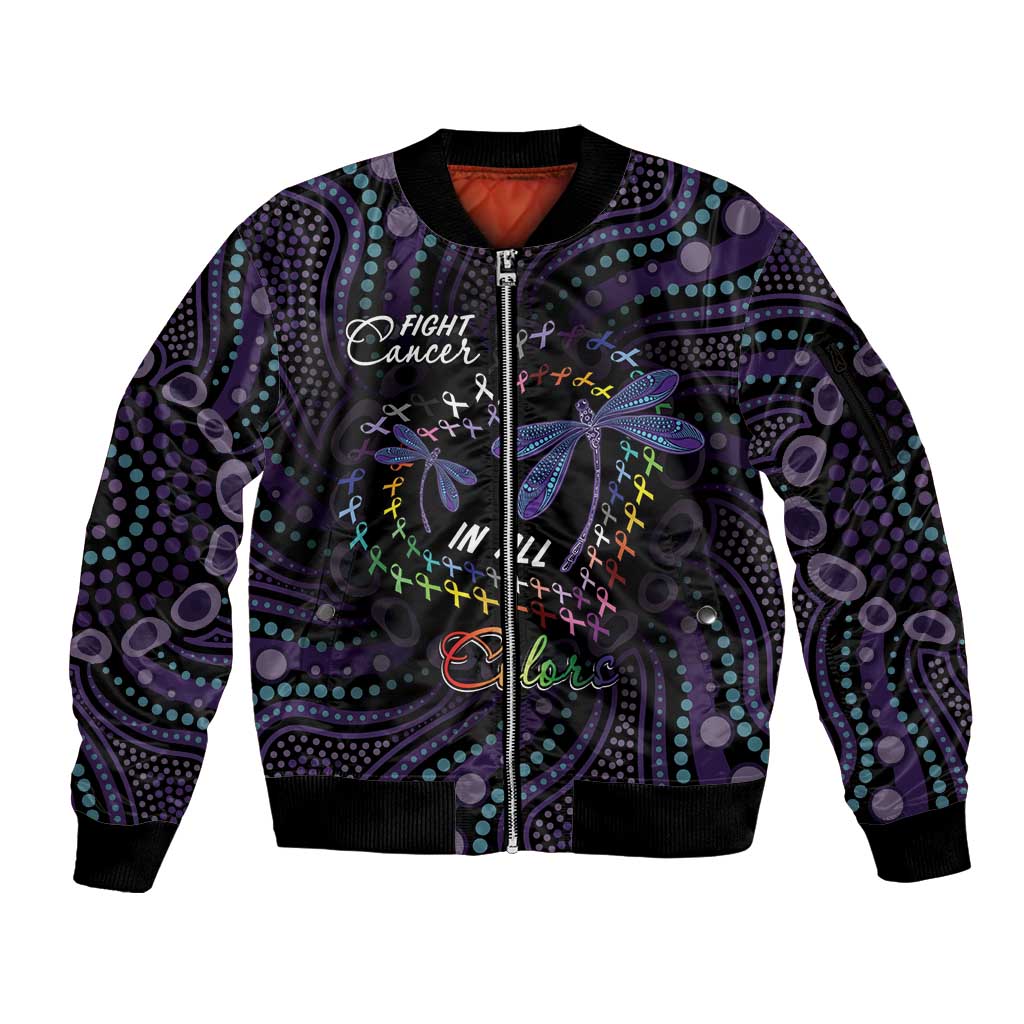 Fight Cancer In All Colors Australia Indigenous Sleeve Zip Bomber Jacket Dragonflies Aboriginal Art