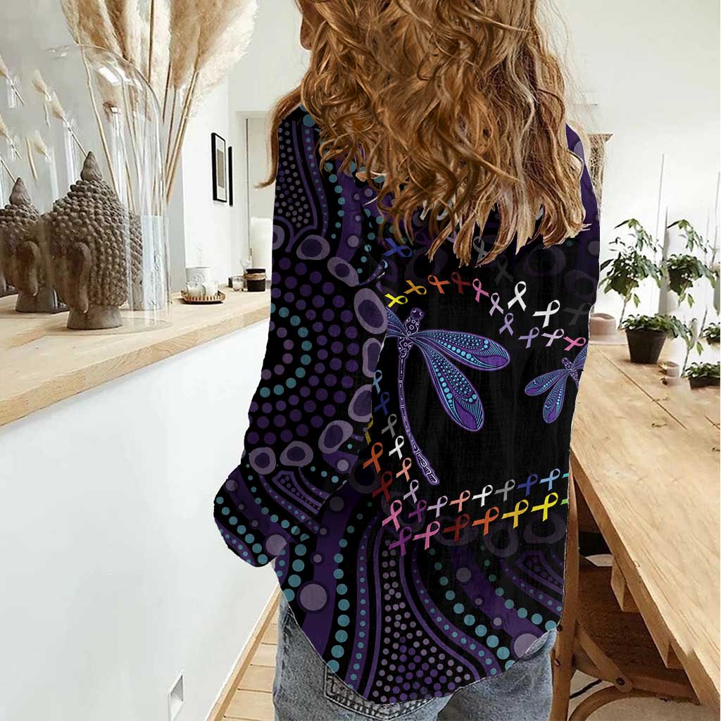 Fight Cancer In All Colors Australia Indigenous Women Casual Shirt Dragonflies Aboriginal Art