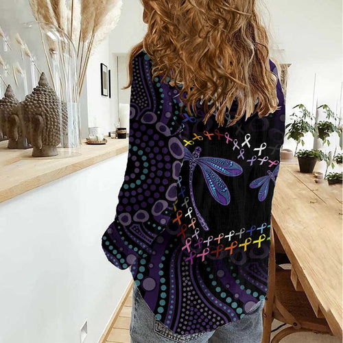 Fight Cancer In All Colors Australia Indigenous Women Casual Shirt Dragonflies Aboriginal Art
